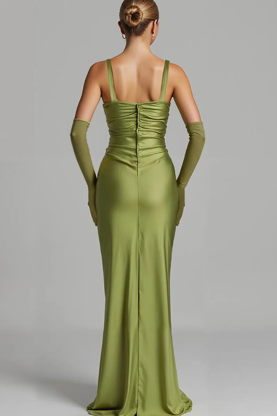 Sereia Sálvia Verde Cetim Ruched Vestido de Noite