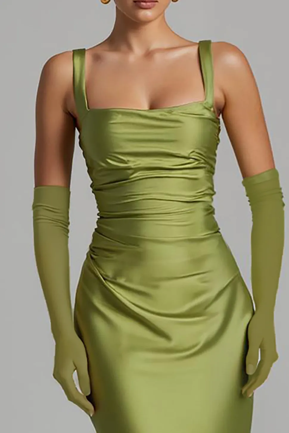 Sereia Sálvia Verde Cetim Ruched Vestido de Noite