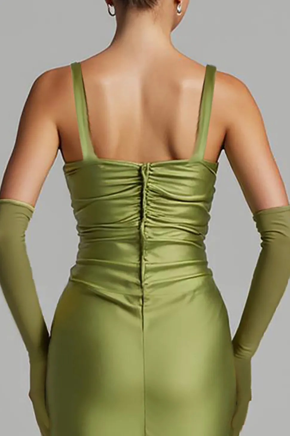 Sereia Sálvia Verde Cetim Ruched Vestido de Noite