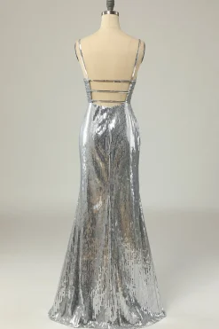 Sereia Spaghetti Tiras Lantejoulas de prata vestido longo baile sem costas