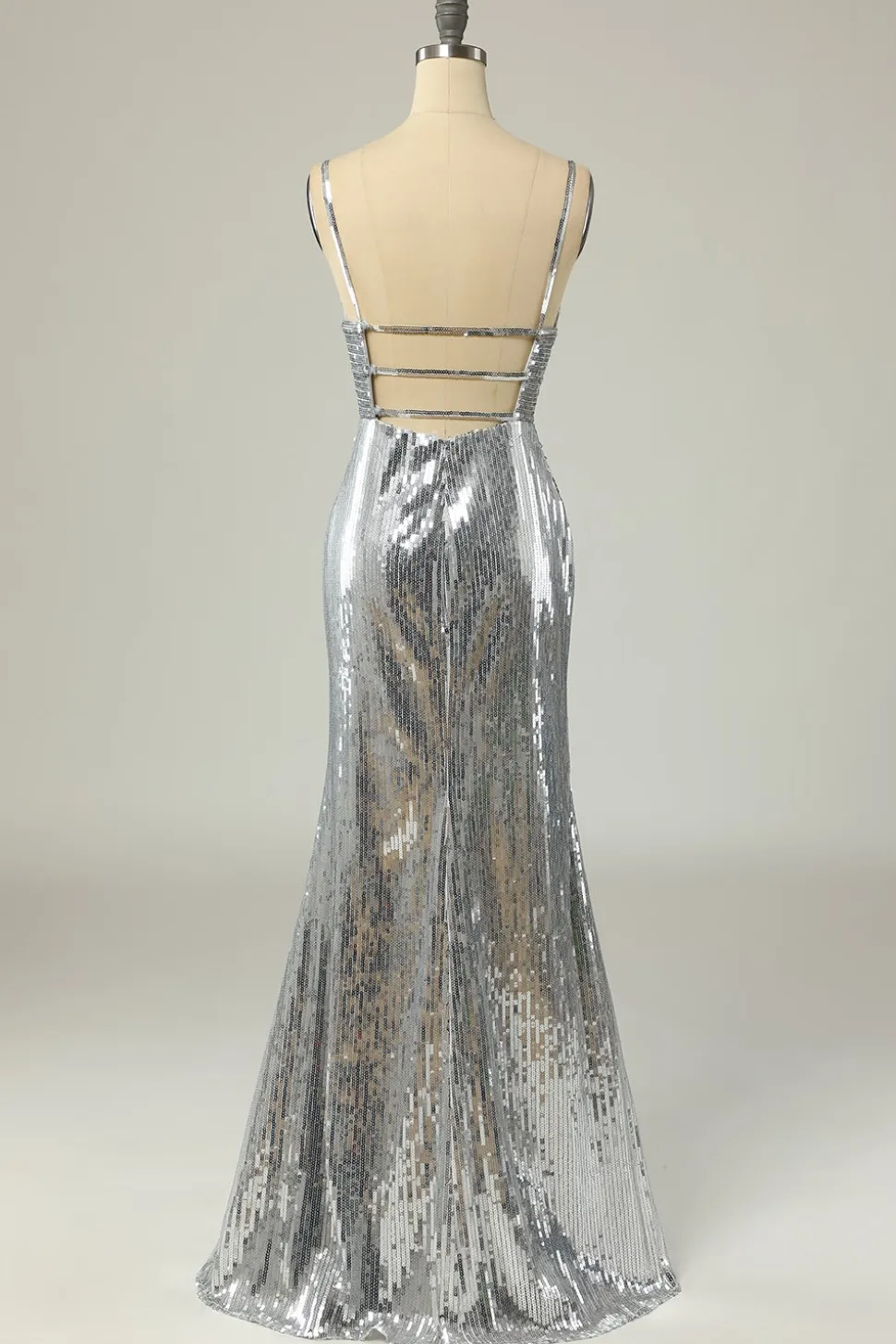 Sereia Spaghetti Tiras Lantejoulas de prata vestido longo baile sem costas