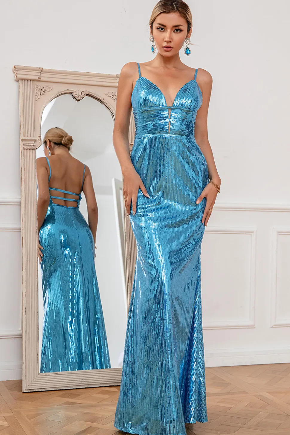 Sereia Spaghetti Tiras Lantejoulas de prata vestido longo baile sem costas