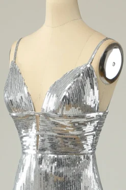 Sereia Spaghetti Tiras Lantejoulas de prata vestido longo baile sem costas