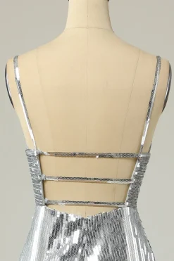 Sereia Spaghetti Tiras Lantejoulas de prata vestido longo baile sem costas