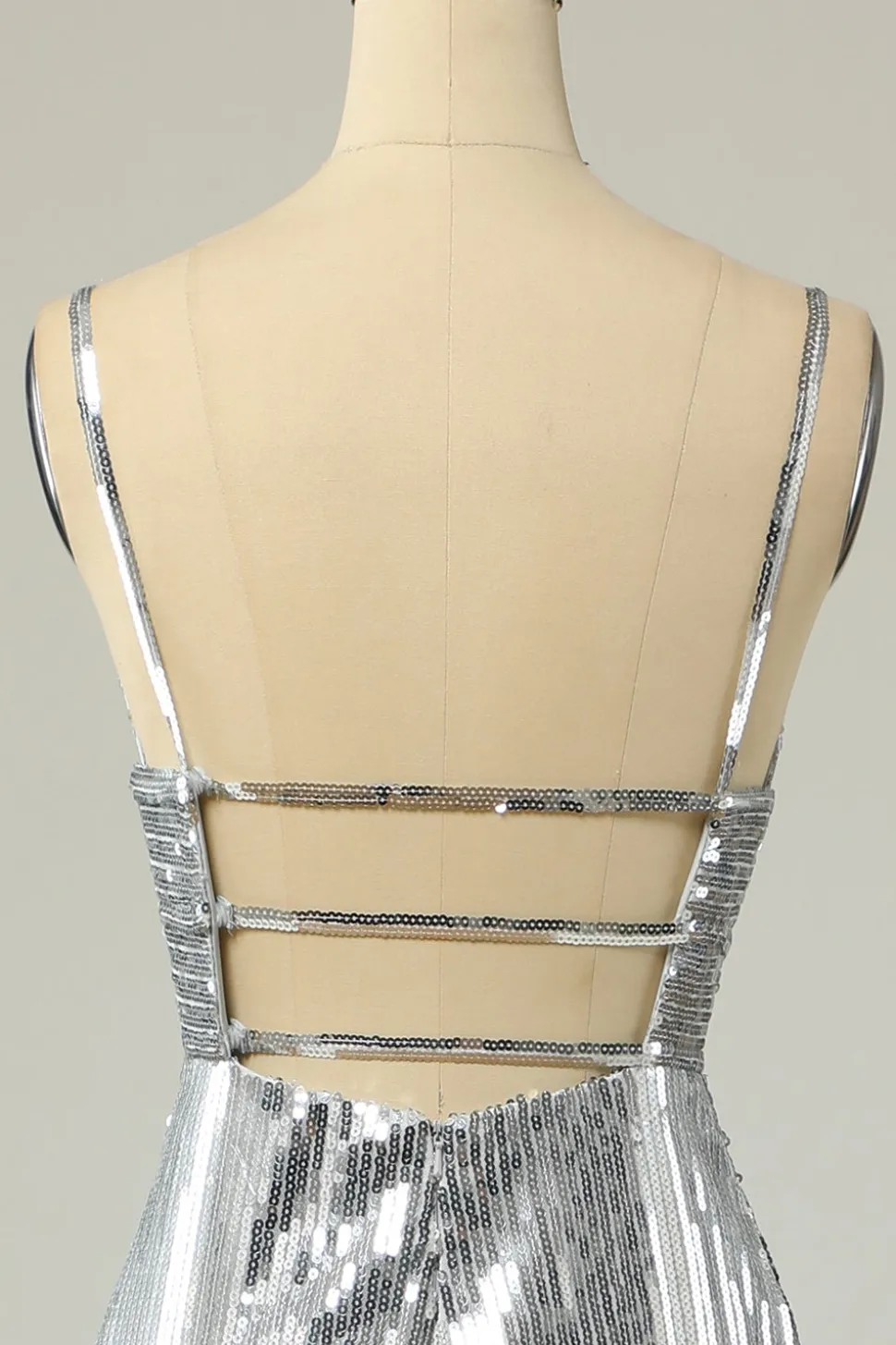 Sereia Spaghetti Tiras Lantejoulas de prata vestido longo baile sem costas