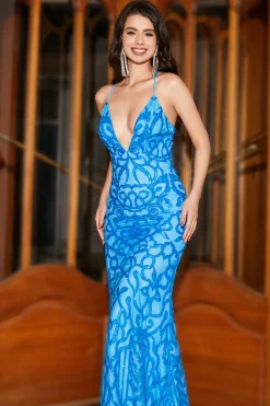 Sereia Spaghetti Tiras Lantejoulas Azuis Vestido longo baile de finalistas
