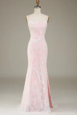 Sereia Sparkly Pink Prom Dress com Fenda
