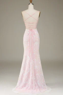 Sereia Sparkly Pink Prom Dress com Fenda