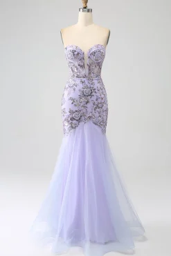 Sereia Strapless Lavanda Corset Prom Dress com Missangas