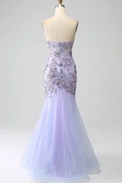 Sereia Strapless Lavanda Corset Prom Dress com Missangas