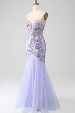 Sereia Strapless Lavanda Corset Prom Dress com Missangas