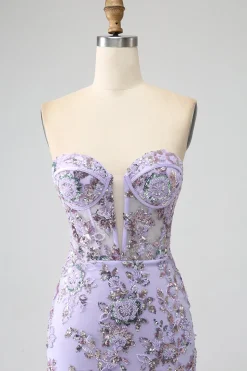 Sereia Strapless Lavanda Corset Prom Dress com Missangas