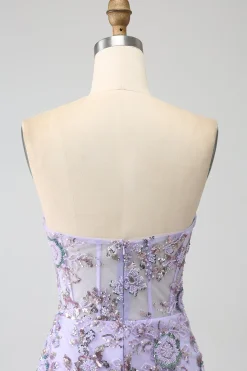 Sereia Strapless Lavanda Corset Prom Dress com Missangas