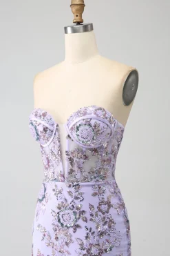 Sereia Strapless Lavanda Corset Prom Dress com Missangas