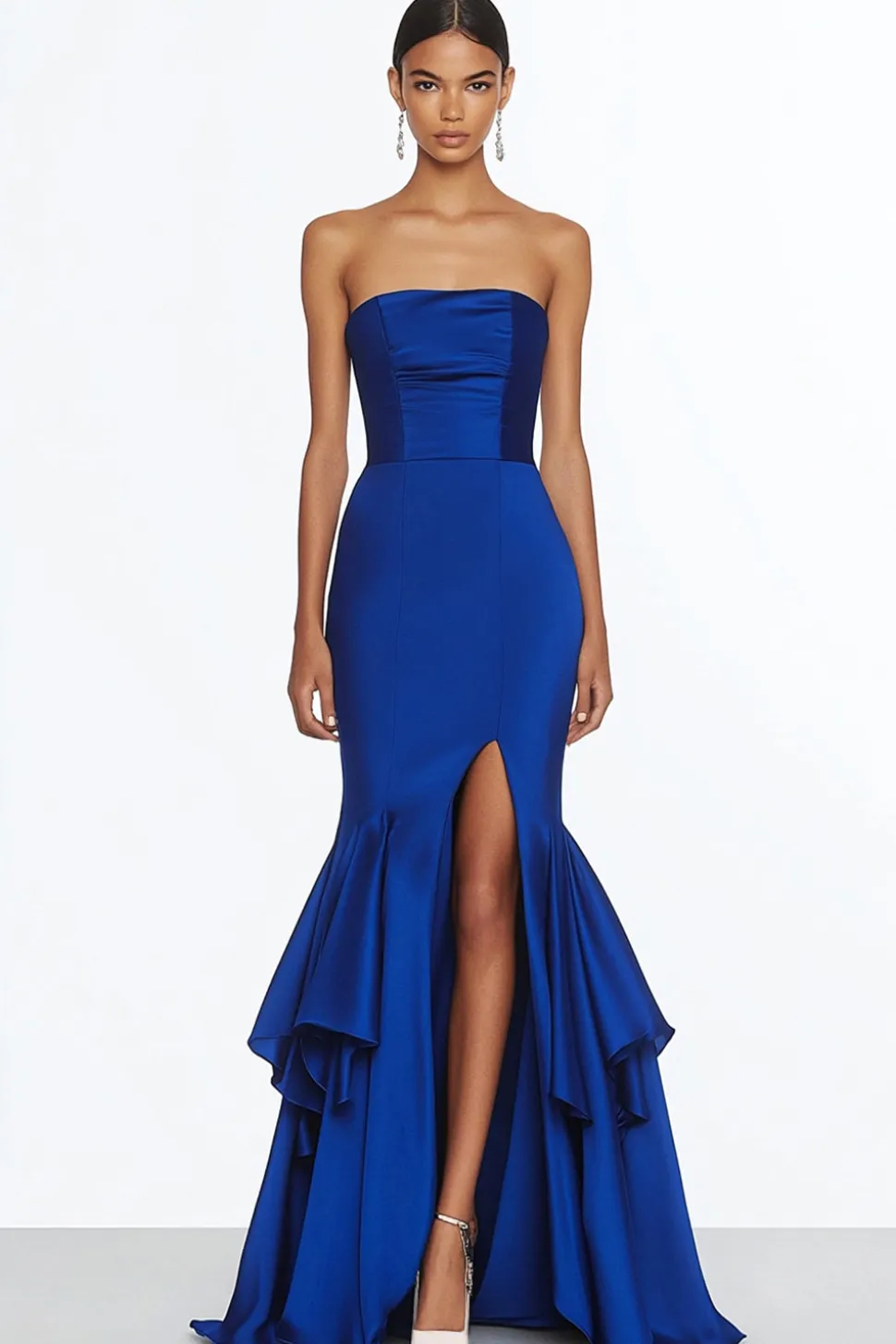 Sereia Strapless Royal Blue Satin Vestido Formal Longo com Fenda