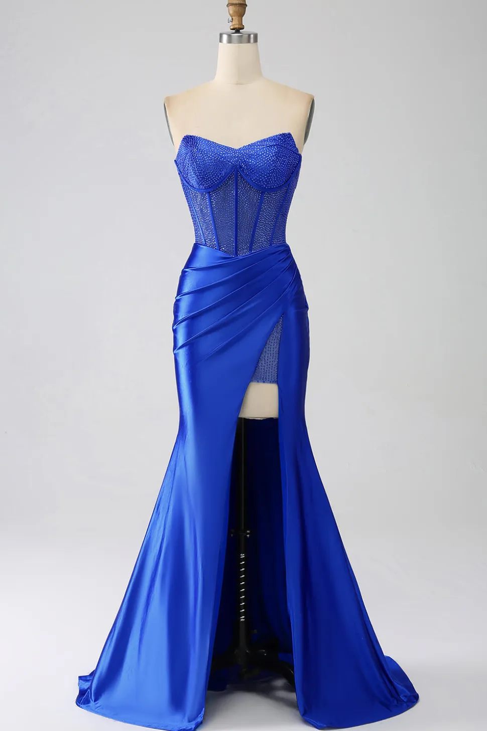 Sereia Strapless Royal Blue Corset Prom Dress com Missangas