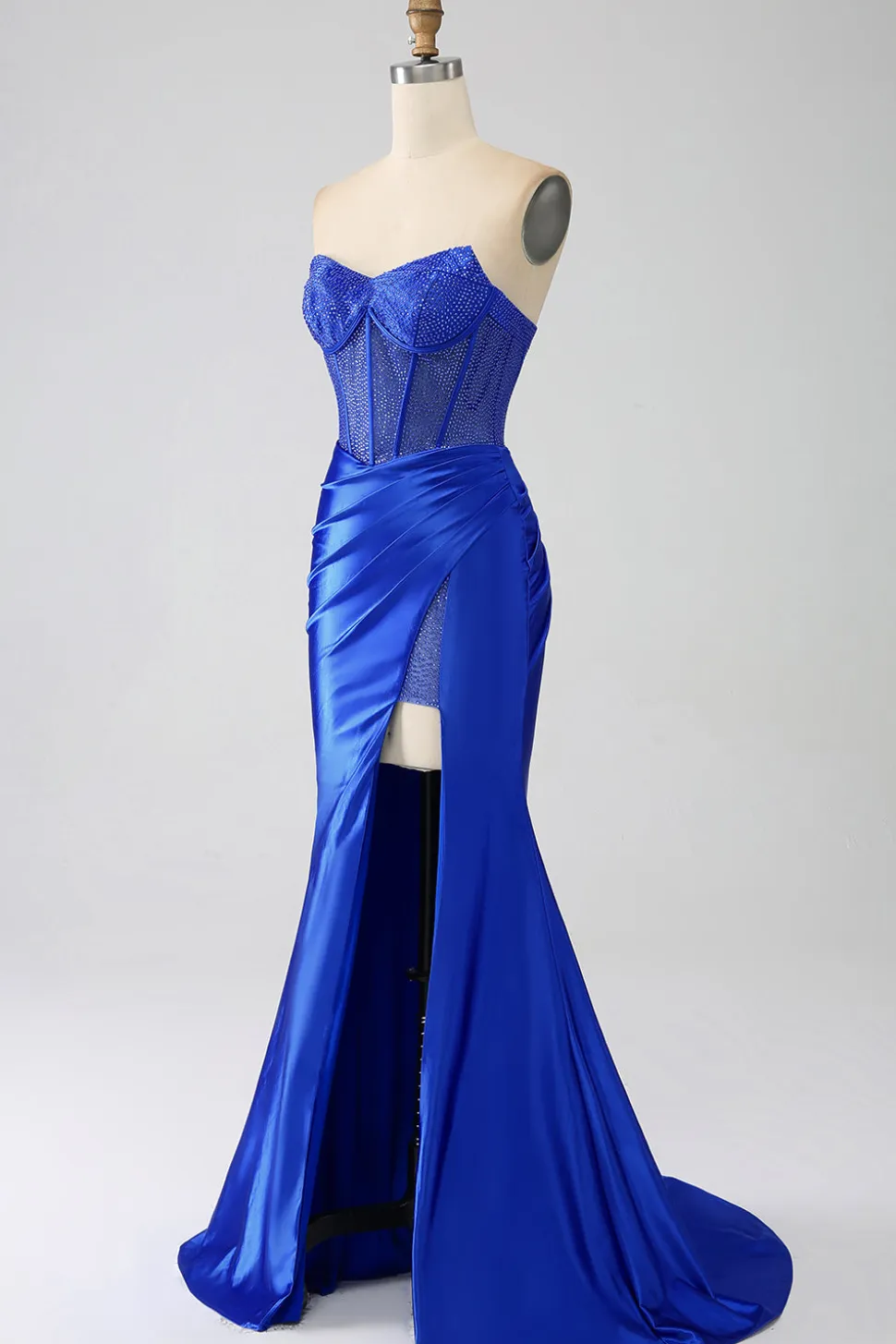 Sereia Strapless Royal Blue Corset Prom Dress com Missangas