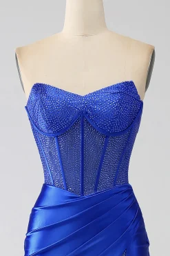 Sereia Strapless Royal Blue Corset Prom Dress com Missangas