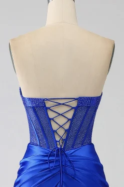 Sereia Strapless Royal Blue Corset Prom Dress com Missangas