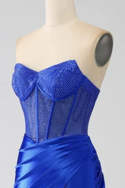 Sereia Strapless Royal Blue Corset Prom Dress com Missangas