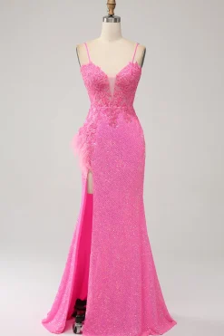 Sereia Trendy Esparguete Correias Rosa Sequins Long Prom Dress com Apliques