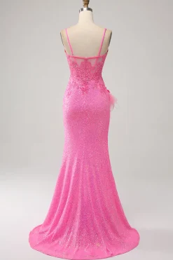 Sereia Trendy Esparguete Correias Rosa Sequins Long Prom Dress com Apliques