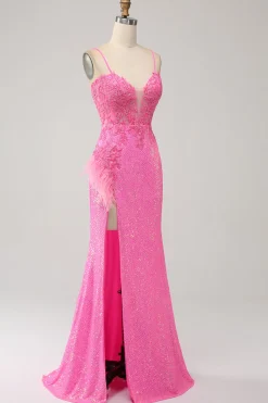 Sereia Trendy Esparguete Correias Rosa Sequins Long Prom Dress com Apliques