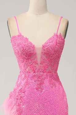 Sereia Trendy Esparguete Correias Rosa Sequins Long Prom Dress com Apliques