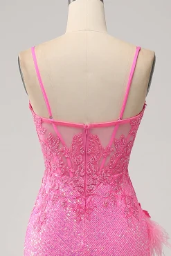 Sereia Trendy Esparguete Correias Rosa Sequins Long Prom Dress com Apliques