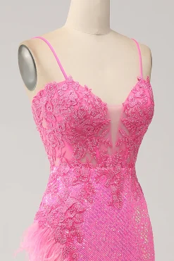 Sereia Trendy Esparguete Correias Rosa Sequins Long Prom Dress com Apliques