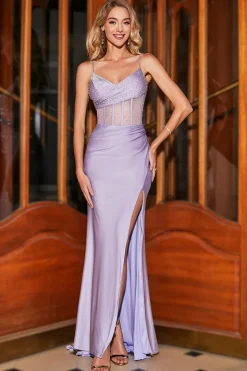 Sereia Trendy Esparguete Correias Lilás Corset Prom Dress com Frente Dividida