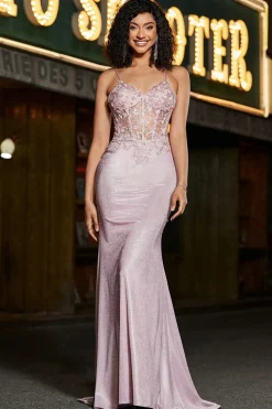 Sereia Trendy Esparguete Correias Blush Long Prom Dress com Missangas
