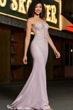 Sereia Trendy Esparguete Correias Blush Long Prom Dress com Missangas
