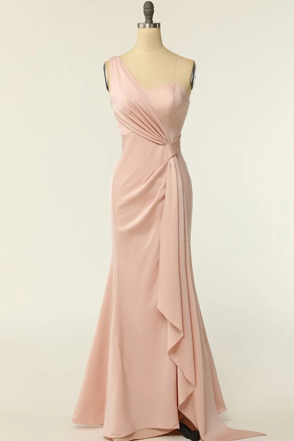 Sereia um ombro blush longo vestido de dama de honra comprida com folhos