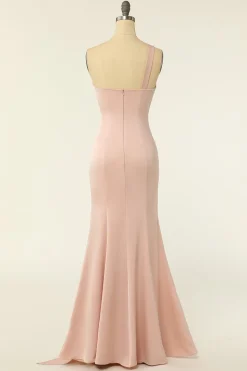 Sereia um ombro blush longo vestido de dama de honra comprida com folhos