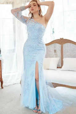 Sereia Um Ombro Céu Azul Mais Tamanho Vestido de Baile Com Apliques