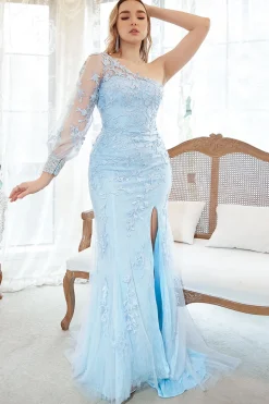 Sereia Um Ombro Céu Azul Mais Tamanho Vestido de Baile Com Apliques