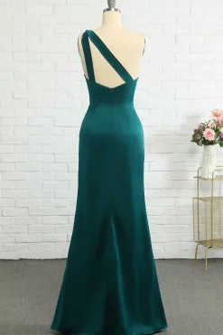 Sereia um ombro escuro verde longo vestido de dama de honra