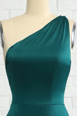 Sereia um ombro escuro verde longo vestido de dama de honra