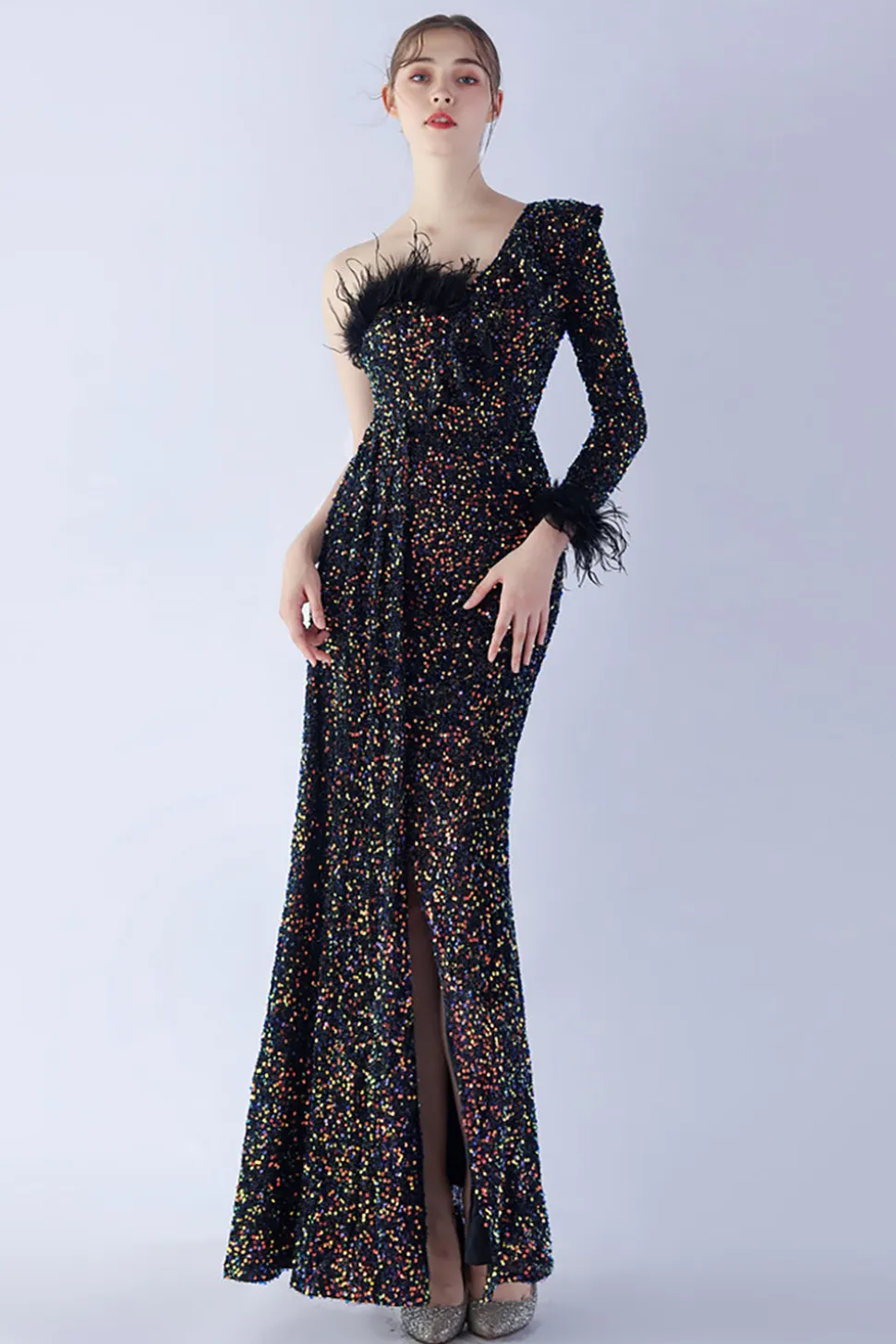 Sereia um ombro lantejoulas vestido formal com penas