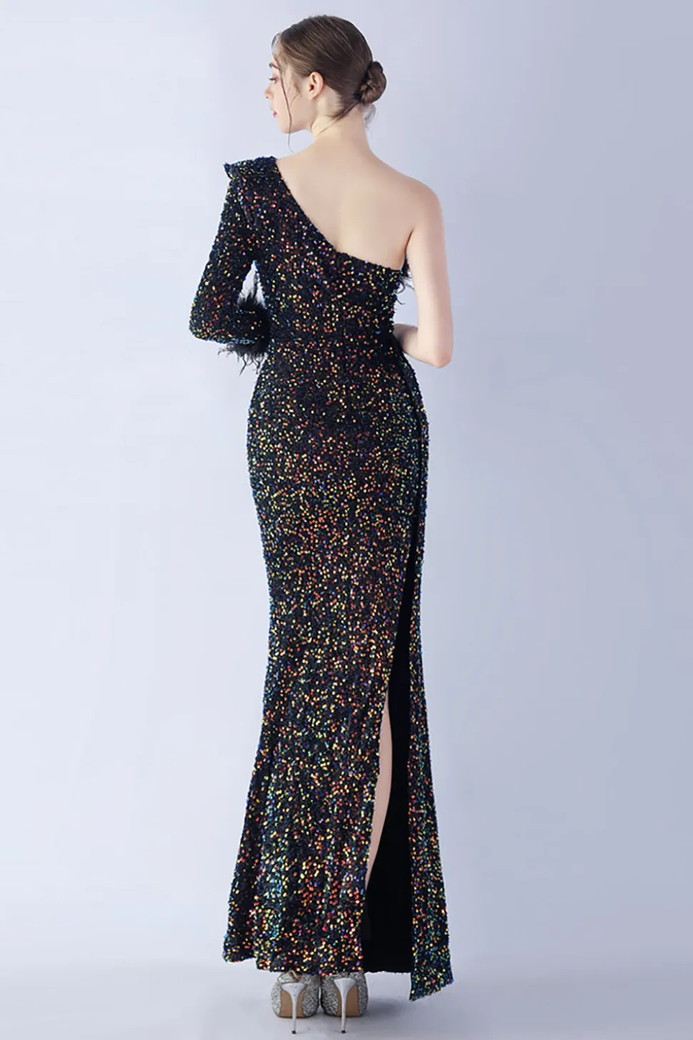 Sereia um ombro lantejoulas vestido formal com penas