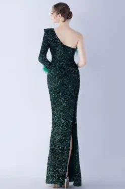 Sereia um ombro lantejoulas vestido formal com penas