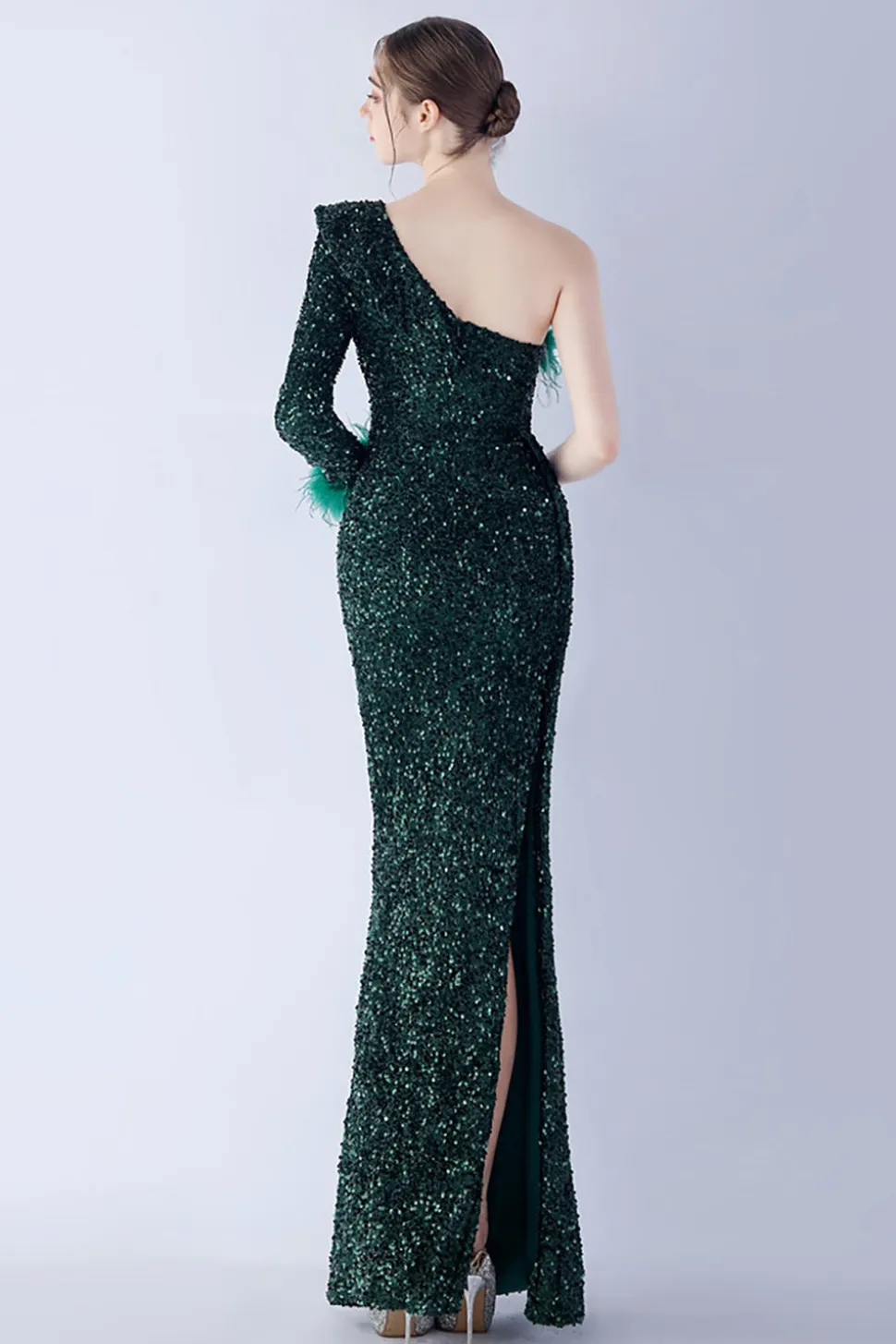 Sereia um ombro lantejoulas vestido formal com penas