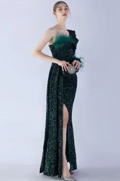 Sereia um ombro lantejoulas vestido formal com penas