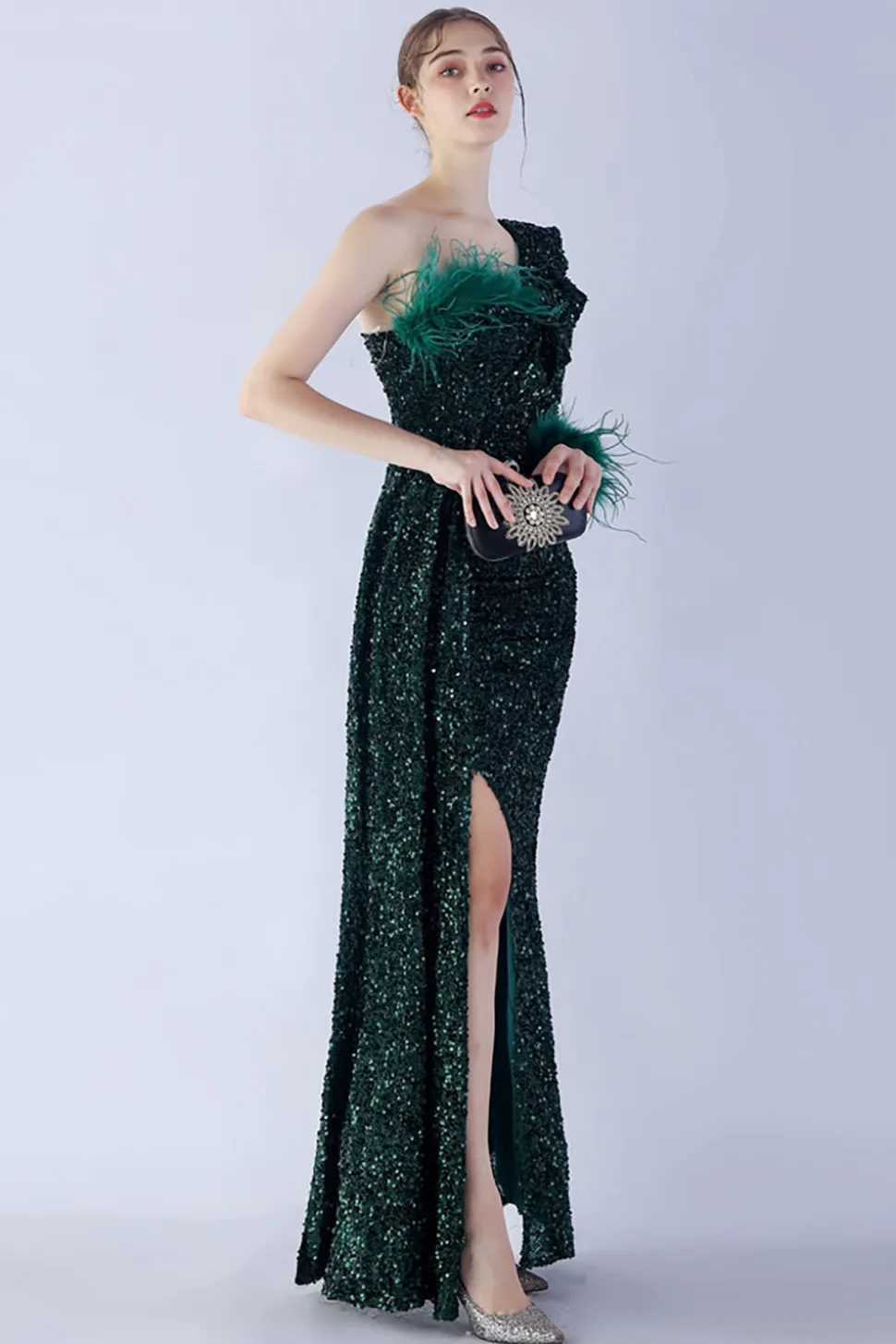 Sereia um ombro lantejoulas vestido formal com penas