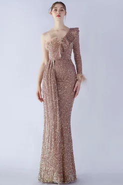 Sereia um ombro lantejoulas vestido formal com penas