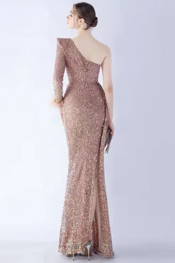 Sereia um ombro lantejoulas vestido formal com penas