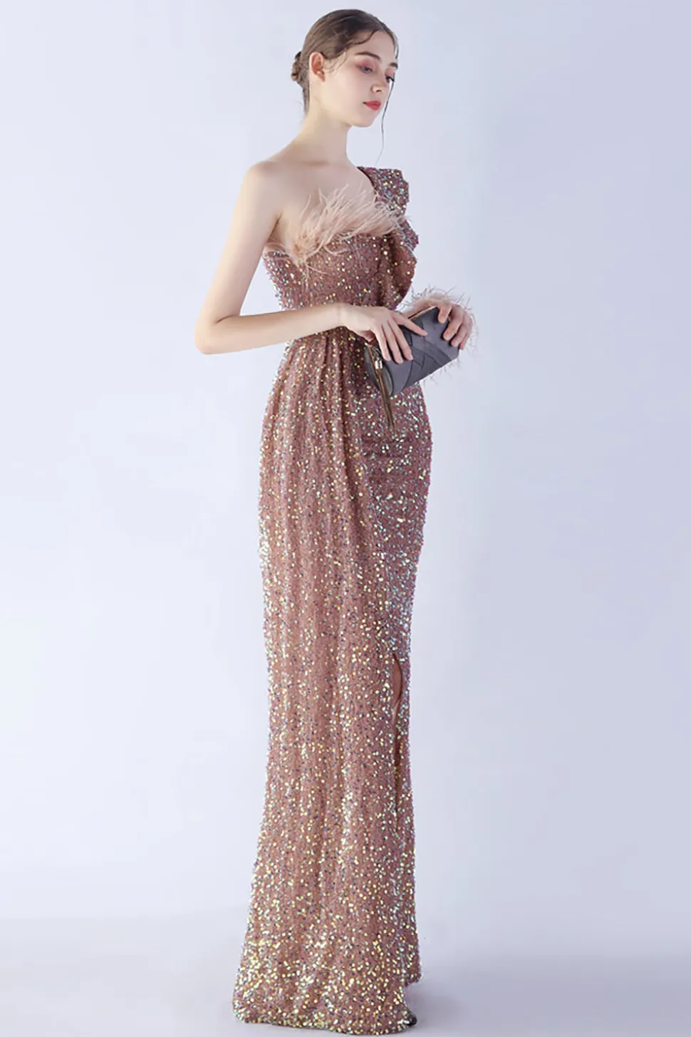 Sereia um ombro lantejoulas vestido formal com penas