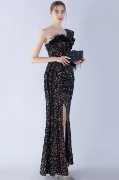 Sereia um ombro lantejoulas vestido formal com penas