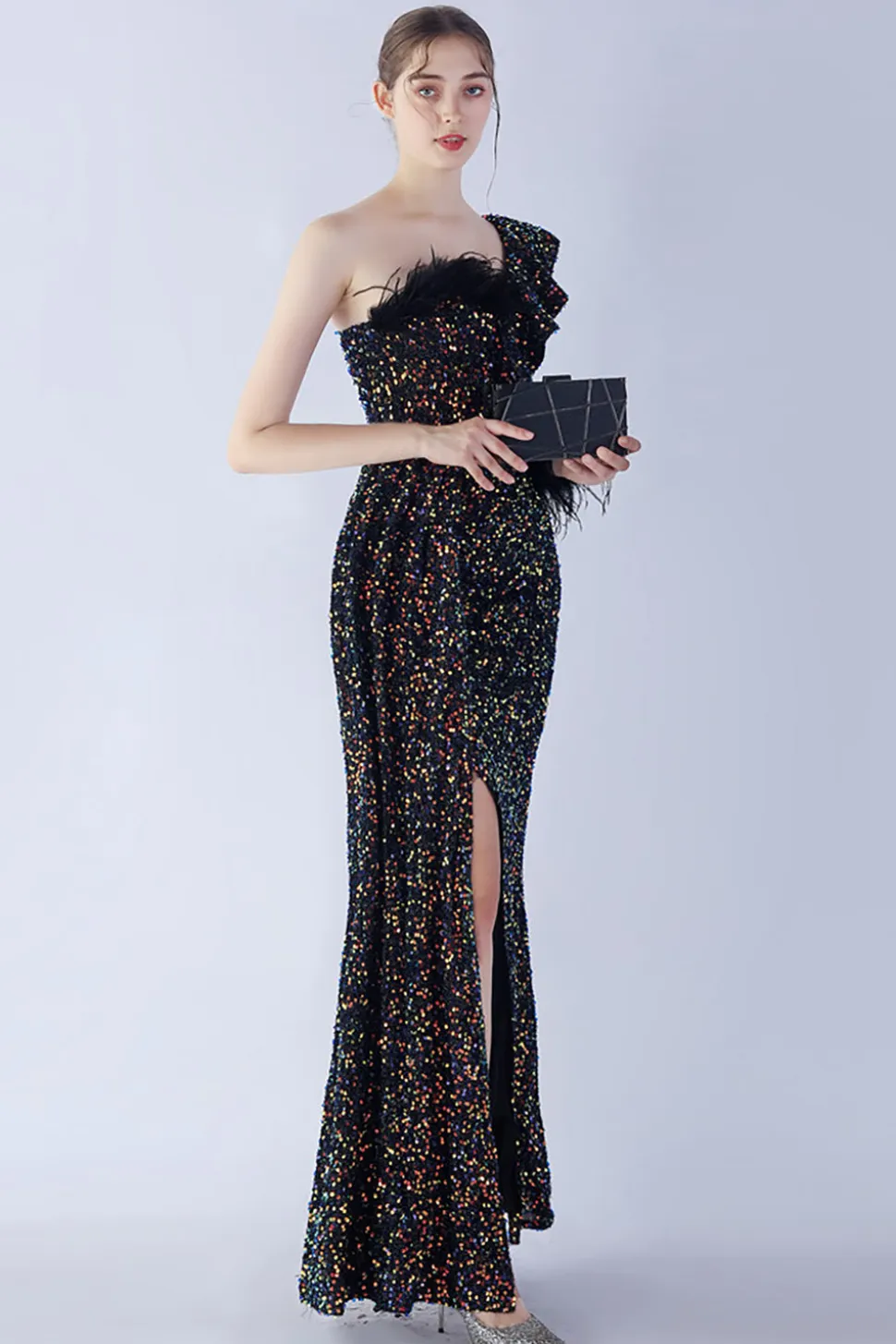 Sereia um ombro lantejoulas vestido formal com penas